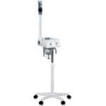 Mobile medical suction unit with adjustable height and foot pedal control for healthcare facilities.
