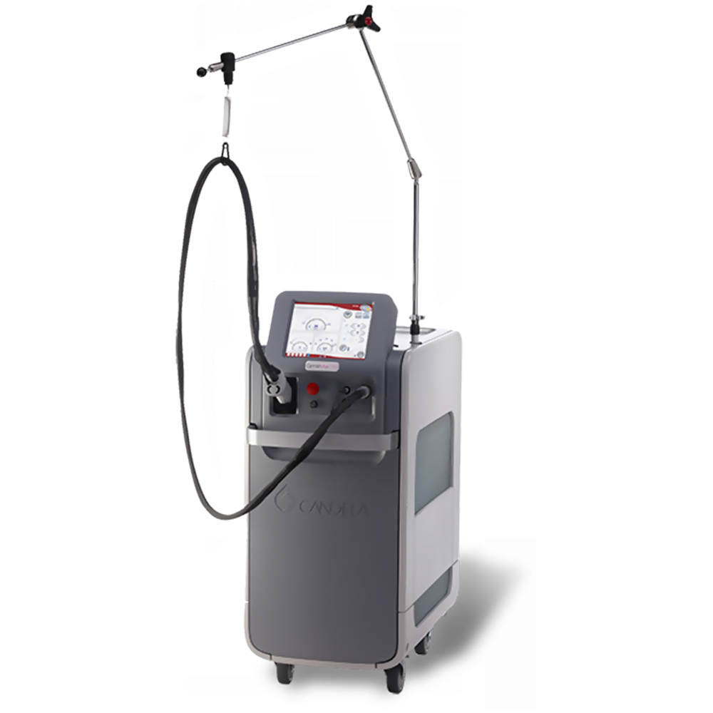 Medical laser treatment device with handheld applicator and adjustable arm, used for cosmetic and dermatological procedures.