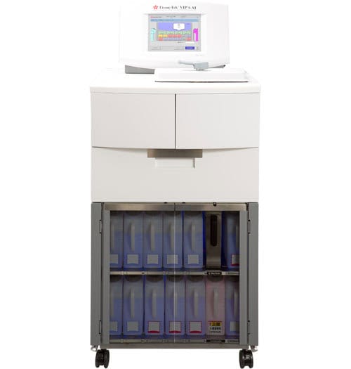 High-precision medical diagnostic device with touchscreen interface and storage drawers.