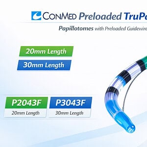 ConMed Preloaded TruPass Papillotomes — 20mm & 30mm Working Lengths (P2043F, P3043F)