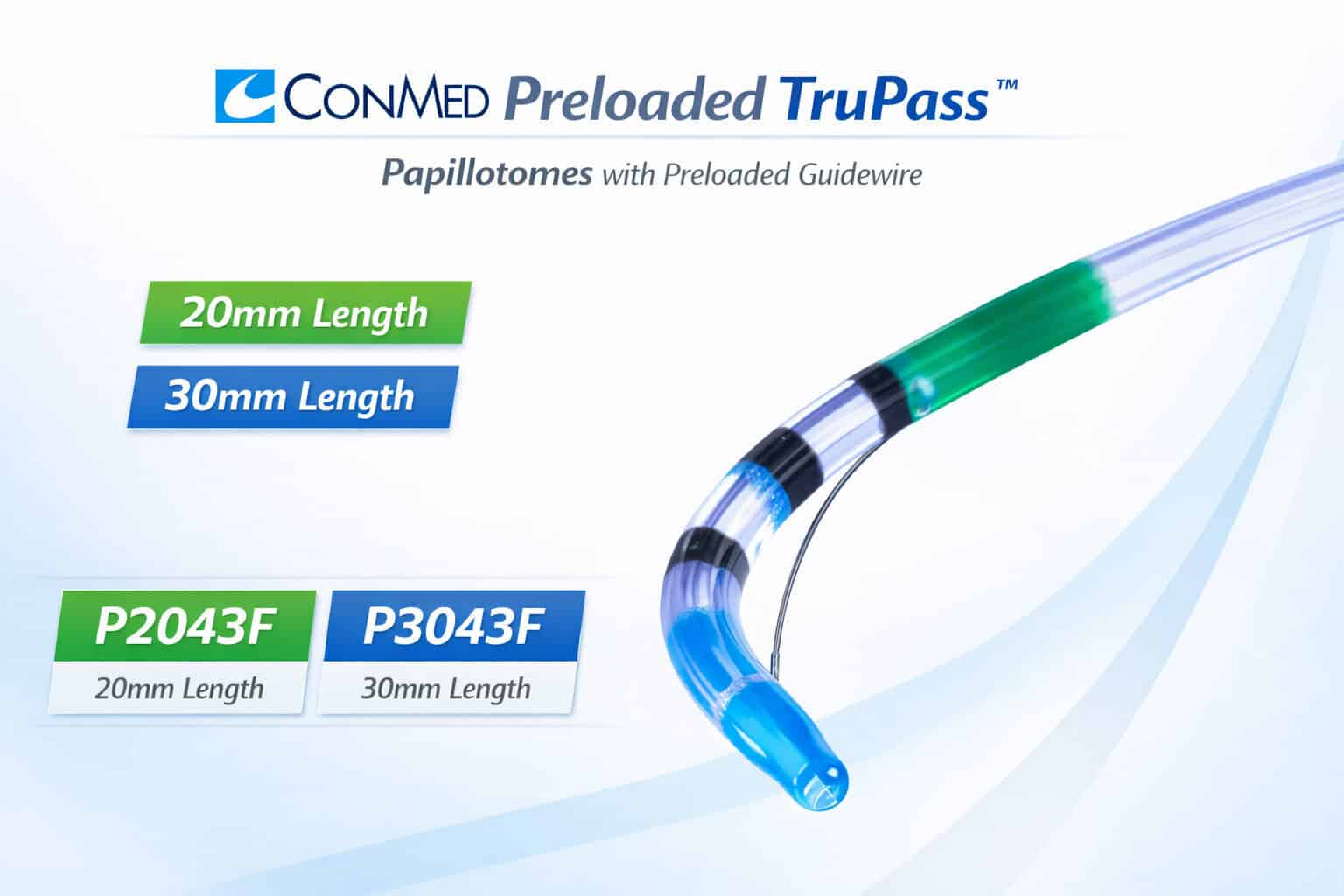 ConMed Preloaded TruPass Papillotomes — 20mm & 30mm Working Lengths (P2043F, P3043F)